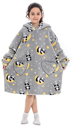 Ruiuzioong Kinder Übergroße Kapuzenpullover,Super Weich Warmes Bequeme Tragbare Decken Sweatshirt für Mädchen Jungen Teenager (Panda, 7-13 Jahre)