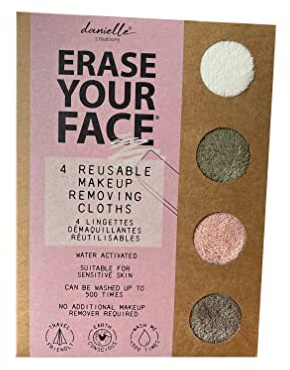 Erase Your Face Eco Friendly Reusable Makeup Removing Cloths in New 100% Plastic Free Recyclable Packaging (4 pack Cloths, New 2022 Colours)