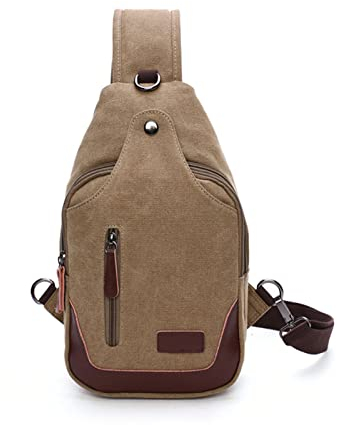 FANDARE Vintage Sling Chest Bag One Shoulder Bag Canvas Crossbody Backpack Men Daily Bookbag with Earphone Hole for Outdoor Travel Work Hiking Running Indoor Activities Daypacks Khaki