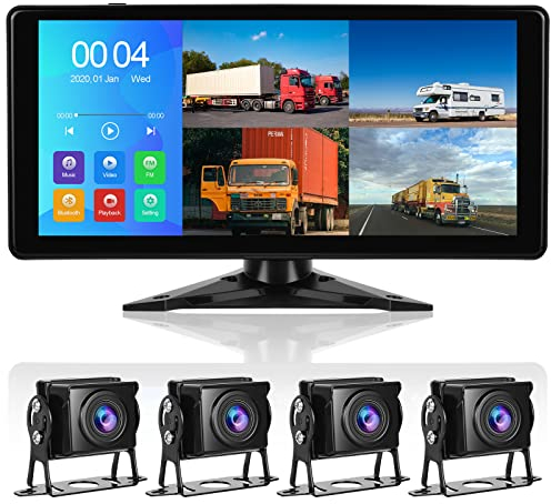 Podofo Rückfahrkamera mit Kabel 4 Kamera System 10,36'' Touchscreen Bluetooth USB SD Karte Geteilter Bildschirm DVR Einparkmonitor Looping Aufnahme IP69 Wasserdicht Farbe Nachtsicht für LKW Wohnmobil