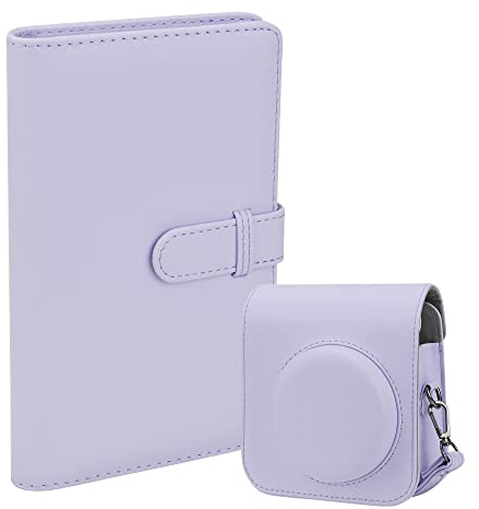 ZUIKAKU Schutzhülle PU Leder Tasche Abdeckung für Fujifilm Instax Mini 12 Instant Kamera mit abnehmbarem verstellbarem Riemen, 108 Taschen Fotoalbum für Instax Mini 12（Lila）