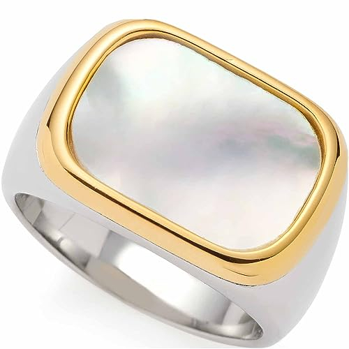 JEWELS BY LEONARDO Pirella Damen Fingerring aus Edelstahl silberfarben, Siegelring mit Perlmutt und goldfarbenem Rand, Ringgröße 17, Schmuck Geschenk 023205