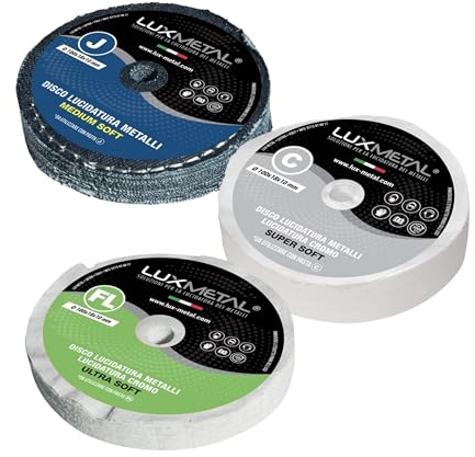 Lux Metal Kit 3 Disco Lucidatura 100 mm (FL-C-J) In Cotone Set Lucidare A Specchio Alluminio Acciaio Inox Metalli Dischi Lucidante Per Trapano da Mola Smerigliatrice Ottone Rame Legno Marmo Plexiglass