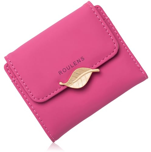 Roulens Portefeuille Long en Cuir PU pour Femme avec Fermeture éclair et Pendentif en Forme de Feuille, B/Rose Rouge, S, RFID