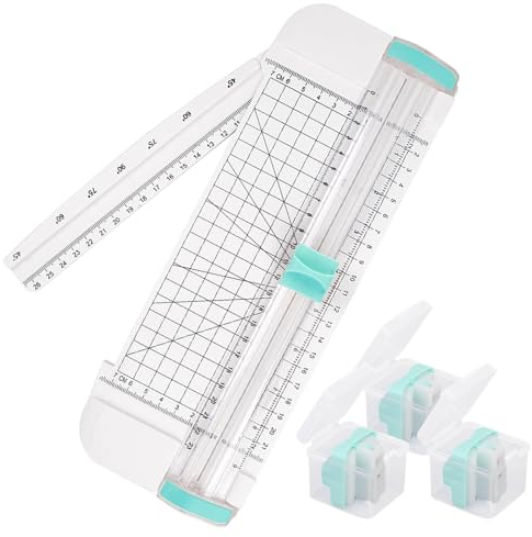 4 Pcs Portable Paper Cutter Set, Mint Green Paper Trimmer with Replacement Blades, Scrapbooking Tool with Automatic Security Safeguard, Side Ruler for Crafting Paper, Label, Cardstock