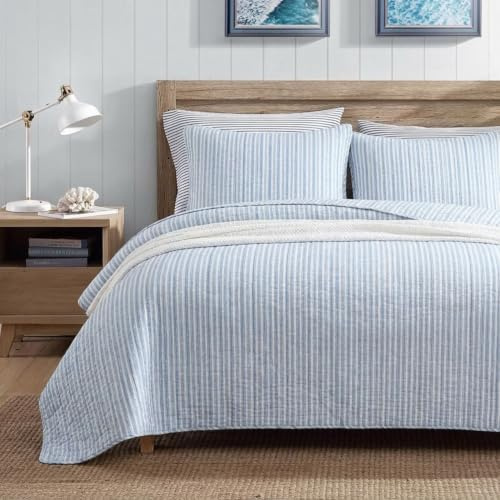 Nautica - Queen Quilt Set, Soft & Reversible Cotton Bedding, Lightweight for Year Round Comfort, 3 Piece Bed Set with Matching Pillowcases (Coleridge Stripe Light Blue)