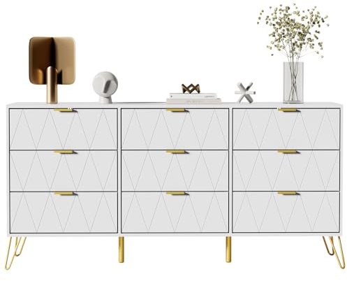 GOOBUY Cassettiera con 9 Cassetti, 150 x 34 x 74 cm, Credenza Moderna, Mobile per TV, Cassettiera Stretta, Buffet, Armadio per Soggiorno, Camera da letto, Corridoio, Bianca