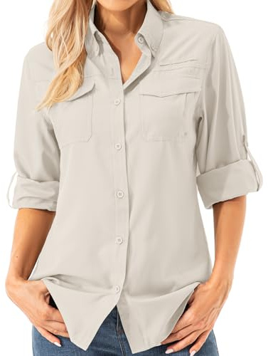 Asfixiado Damen Hemdbluse UV Shirt UPF 50+ Safari Kleidung Wanderbluse Damen Outdoor Cooling Quick Dry Sonnenschutz Langarm Luftiges Hemd