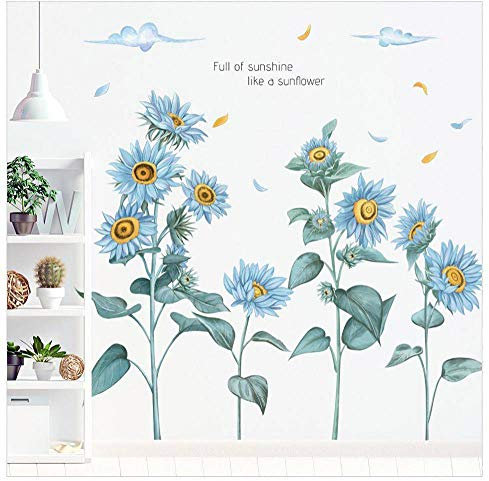 WandSticker4U®- XXL Wandsticker SONNENBLUMEN in BLAU (96x76 cm) I Wandtattoo Blumen Wohnzimmer Schlafzimmer Küche Flur Blätter Pflanzen Wand-aufkleber Wand Deko
