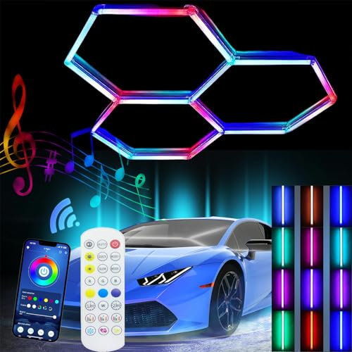 Fohatu Lampe Hexagone LED Garage RGB Lumiere Hexagone Garage,Lampes De Garage À LED Hexagonales Lumiere Hexagone Garage,sous-Sol,entrepôt,Salon De Beauté Automobile,Atelier,RGB,3 grilles