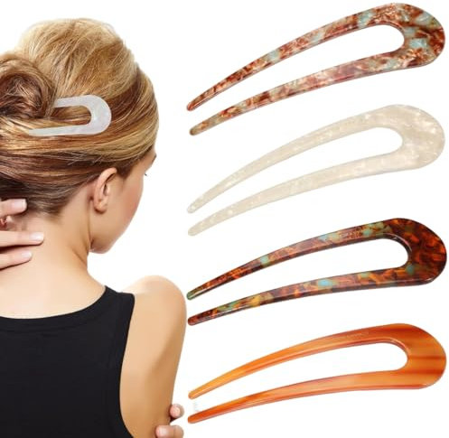 Horquilla en Forma de U, 4 horquillas francesas en forma de U, Palillos Para El Cabello De Estilo Francés, Palillos Para El Cabello Con Caparazón De Tortuga, Horquillas Para Moños