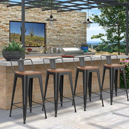 HAOBO Home 24 Outdoor Barstools Patio Stool Metal Bar Stools Set of 4 Counter Height Barstools with Wood Plastic Seat Industrial Bar Chairs Metal Kitchen Stools