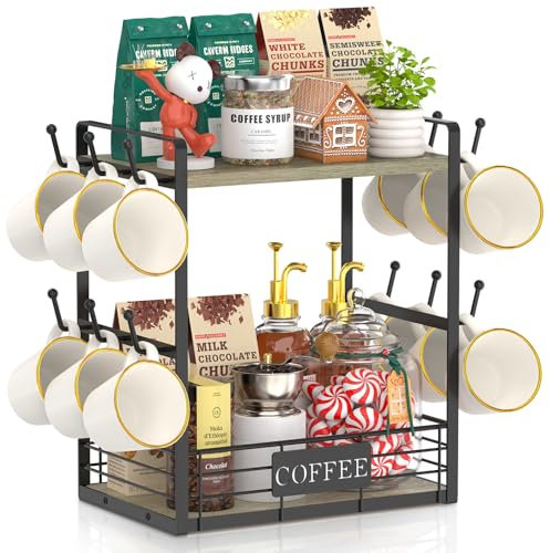 EsLuker.ly 2 Tier Coffee Bar Organizer Countertop Station Rack for Kitchen, Multi-Functional Coffee Mug Holder Display Stand, Accessory Storage Shelf with 12 Hooks, Grey Oak-Black