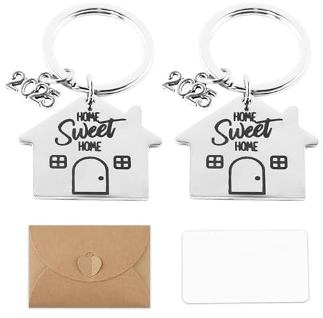 QINGYIWL 2025 Schlüsselanhänger Haus 2 Stück Sweet Home 1 Briefumschlag und Blankokarte Klein Schlüsselringe Individuelles personalisiertes Geschenk Einweihungsgeschenk Silber