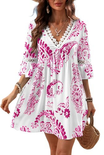 CUPSHE Mini robe d'été décontractée à manches 3/4 avec col en V et bordure en dentelle pour femme, rose, Taille L