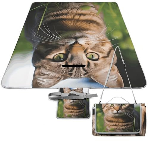 AQRJLPM Couverture de pique-nique portable en forme de chat tigré sur l'herbe - Tapis d'extérieur imperméable lavable en machine - Tapis de parc pliable avec envers résistant au sable pour l'herbe, la