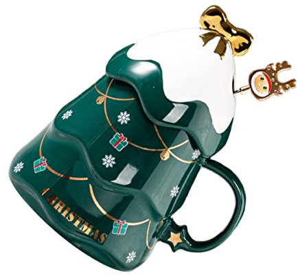 Mikinona 1 juego Taza Navideña Cerámica Forma de Árbol de Navidad con Asa y Cuchara Juego de Decoración Creativa para Fiestas y Taza Original para Café y Bebidas Calientes