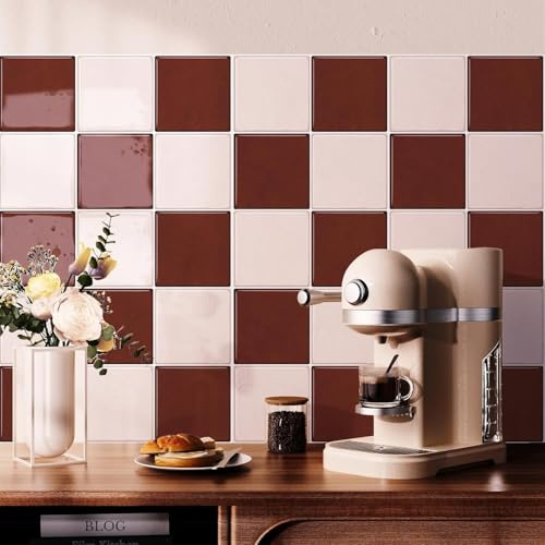Alwayspon 10 Sheet 30cm/12inch Caramel Brown Chessboard Subway 3D Self Adhesive Wall Tile Sticker Transfers, Peel and Stick Waterproof Splashback Stick on Tile Decals for Kitchen Bathroom Wall
