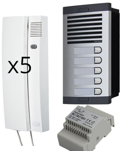 Kit citofono 5 appartamenti audio analogico 4+n – Citofono per condominio 5 unità abitative completo con posto esterno, citofoni interni, alimentatore e scatola da incasso – Alta qualità