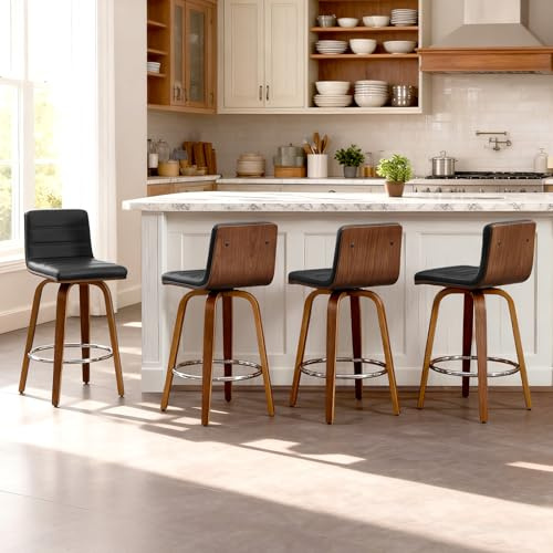 Bekrvio 200kg Belastbarer Drehbarer Barhocker 4er Set, 65cm Sitzhöhe Tresenhocker mit Lehne, Kunstleder Gepolstert, Massivholzbeine mit Fußstütze, Swivel Barstuhl für Küche & Theke