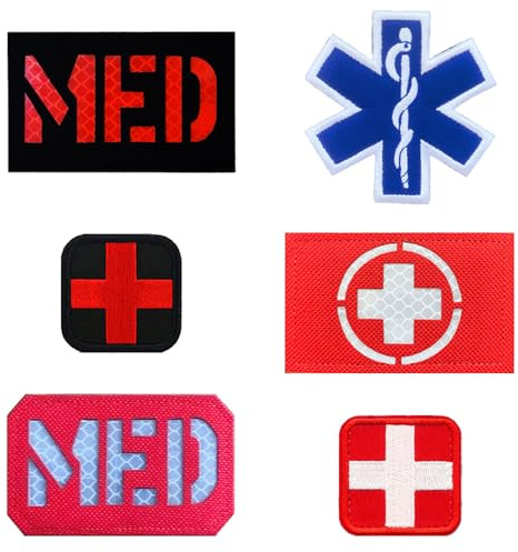 6 Stück Medizinisches Kreuz IR-reflektierender MED Patches Taktische Abzeichen Hook and Loop Emblem Patches für Rucksäcke Medizinische Taschen Erste-Hilfe-Kits/Tasche Outdoor-Abenteuer-Kits EMS