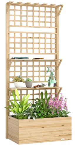 Outsunny Jardinera con Enrejado y Techo de Madera 76x43,5x177 cm Natural | Jardinera Exterior Grande para Plantas Trepadoras, 2 Estantes, Drenaje y Forro, Macetero Elevado, Patio, Terraza