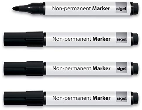 SIGEL MU181 Whiteboard-Marker für Meet up und Artverum Boards, non-permanent, schwarz, gute Deckkraft, trocken und feucht abwischbar, Rundspitze 1-3 mm, 4 Stück