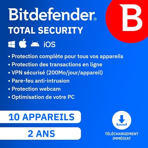 Bitdefender Total Security 2025 | 10 Appareils | 2 Ans | PC/Mac/iOS/Android | Code d’activation par email | Renouvellement Automatique