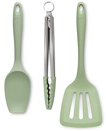 Zeal JSET27G Non-Stick Silicone Spatula Spoon, Cooking Tongs & Turner 3-Piece Set-Sage Green