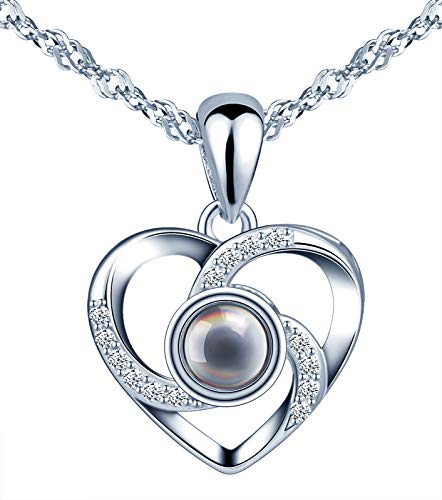 CPSLOVE 925 Silber Herz Halskette Anhänger, schwarzer Glasstein mit 100 Sprachen Ich liebe dich Projektion