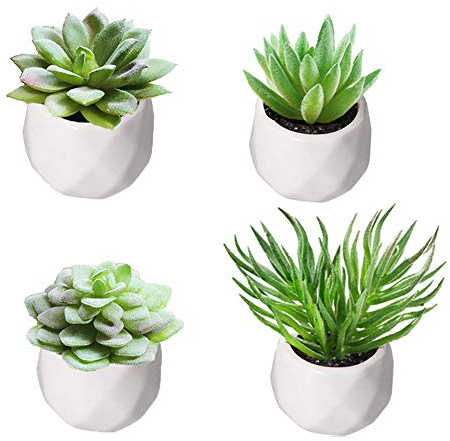 TRUBUY Künstliche Sukkulenten Pflanzen, 4 Stücke Gefälschte Sukkulenten Verschiedene Realistische Pflanzen Klein Faux Blume Sukkulenten mit Topf für Hause Büros Badezimmer Tisch Deko (Stil 1)