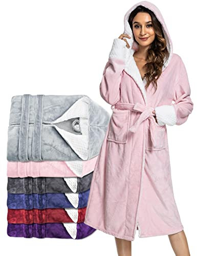 UMIPUBO Mujer Bata de Baño para Mujer Albornoz de con Capucha Cinturón y Bolsillos Vellón Suave Absorbente y Cómoda Bata de Baño para Otoño e invierno Ladies Ducha (rosa,Talla única)