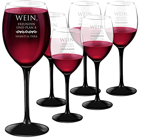 Maverton Onyx 6er Weingläser Set mit Gravur - mit schwarzem Seil - 330 ml - personalisiert - Rotweinglas Weißweinglas - Geschenk zum Geburtstag - Freundinnen