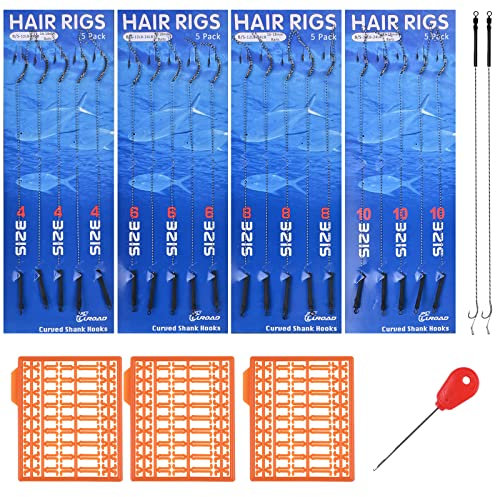 Luroad Hair Rigs For Carp Fishing, 20 Pcs Curved Carp Rigs Hook Anti-Tangle Swivel Braided line with 3 Card Boilie Bait Stops Dumbell Stoppers and Stringer Needle (Barbless, 4 Packs (Size 4#))