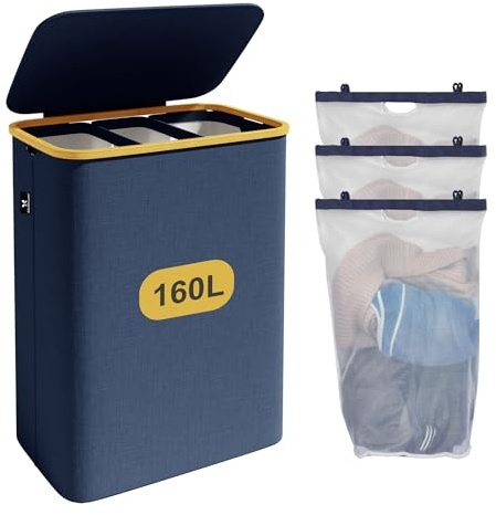 Tiklife Panier à linge, 3 compartiments,160L, bambou naturel, rangement de vêtements classés, boîte à linge,laundry baskets, trieur de vêtements(160L bleu)