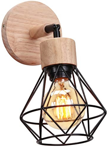 TOKIUS Applique Murale Interieur Vintage Industrielle Plafonnier Luminaire E27 en Métal Lampe Murale Industrielles Rétro Réglable 180° éclairage Mural Cuisine Salon (avec Bois - 1pcs)