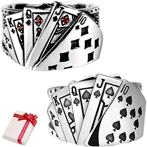 Ouceanwin 2 Stücke Vintage Chunky Statement Ring Silber, Pokerkarte Bündig Bandring Öffnen Verstellbar Punk Ring Schmuck für Damen Herren