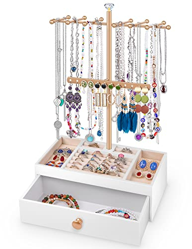 Teamkio Schmuckständer 2-in-1 – Schmuckhalter & Jewelry Organizer mit Schublade, Weiß – Ohrringständer & Kettenhalter für Halsketten, Ringe, Armbänder, Ohrringe & Uhren – Geschenk für Damen