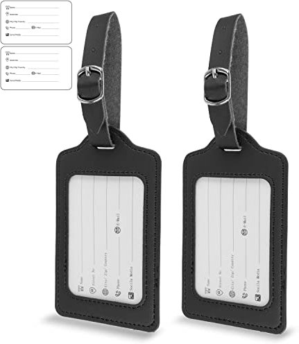 Kofferanhänger mit Adressschild, 2 Pack, Schwarz, elegantes Kunstleder Schild, für Flugreise, Kreuzfahrt, Namensschild Koffer Anhänger, Luggage Bag Tag ID Card, Adressanhänger Reise Aufhänger Tasche