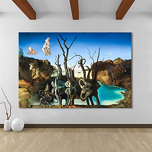 Salvador Dali Swans Reflecting Elephants Painting XXL Poster and Prints Seltsame Leinwand Wandkunst für Wohnzimmer Schlafzimmer 60x85cm Rahmenlos