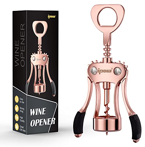 IPOW Wine Opener, Zinc Alloy Wine Bottle Opener, Wing Corkscrew Heavy Duty, Manual Multifunctional Cork Screw for Waiter,Rose Gold