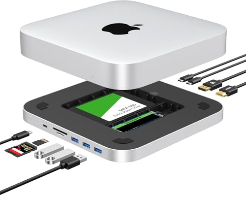 GEWOKLIY Mac Mini Dock, hub USB C avec Disque Dur SATA de 2,5, NVMe M.2 SSD, 4K @ 30 Hz, Type-C 10 Gbit/s, lecteurs de Cartes TF/SD, Compatible avec Mac Mini M1 M2