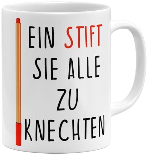 OM3® witzige Lehrer Kaffee-Tasse mit Spruch - Ein Stift sie alle zu knechten - Geschenkidee Schule Unterricht Lehrerin Geschenk - Keramik Becher - 11oz 325ml - Beidseitig Bedruckt - Weiss