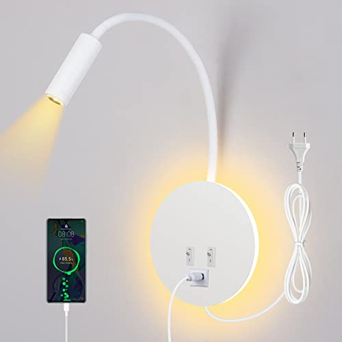 ERWEY Leselampe Bett, Leselampe Wandmontage 3W+8W Bettlampe mit Schalter und USB-Aufladung,LED Wandlampe Leselicht 360° Schwenkbar Schwanenhals mit Stecker und Kabel für Schlafzimmer, Weiß