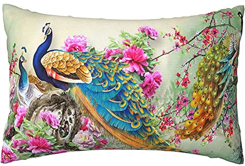 Kissenbezug Schöner Pfau Und Blühende Blumen Blühen Vintage Kunst Kissenhülle Premium Kopfkissenbezug Weiche Kissen Bezug Für Wohnzimmer Schlafzimmer Couch Bank 40x60 cm