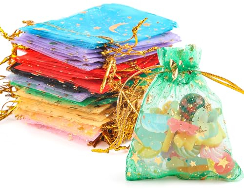 JOFONY Organzasäckchen,100 Stück Organzabeutel,Farbmischung Schmuckbeutel mit Kordelzug,Organza Geschenkbeutel für Festival Party Hochzeit Geschenk(7x9cm)