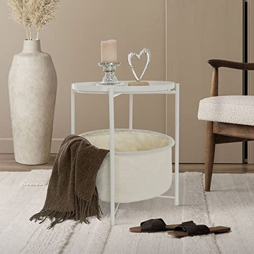 ML-Design Beistelltisch rund Ø45,5 x H 52,5 cm, Weiß, aus Metall, Couchtisch mit Stoffkorb & Abnehmbarer Tablett, Sofatisch mit Stauraum, Modernes Design, Kleiner Tisch, Wohnzimmertisch Nachttisch