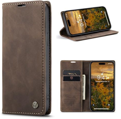 Niloucase Kompatibel mit iPhone 15 Pro Max Hülle Leder,Magnetverschluss Premium PU Leder Flip Case,Standfunktion.-Kaffee Braun