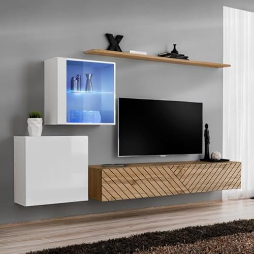 Paris Prix Ensemble Meuble TV Switch Lamel XV 260cm Naturel & Blanc