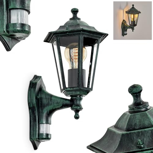 Außenwandleuchte Loria, Wandlampe mit Bewegungsmelder in antikem Look aus Metall/Glas in Schwarz-Grün/Klar, Wandleuchte im Landhaus-Stil, Außenleuchte für Terrasse, E27, ohne Leuchtmittel, IP44